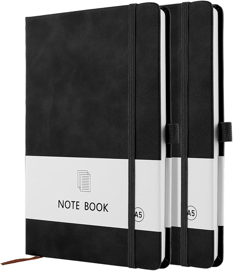 Lefute A5 Notebook 2 Pack 200 Pages 100 GSM Hardback with Pen Loop Elastic