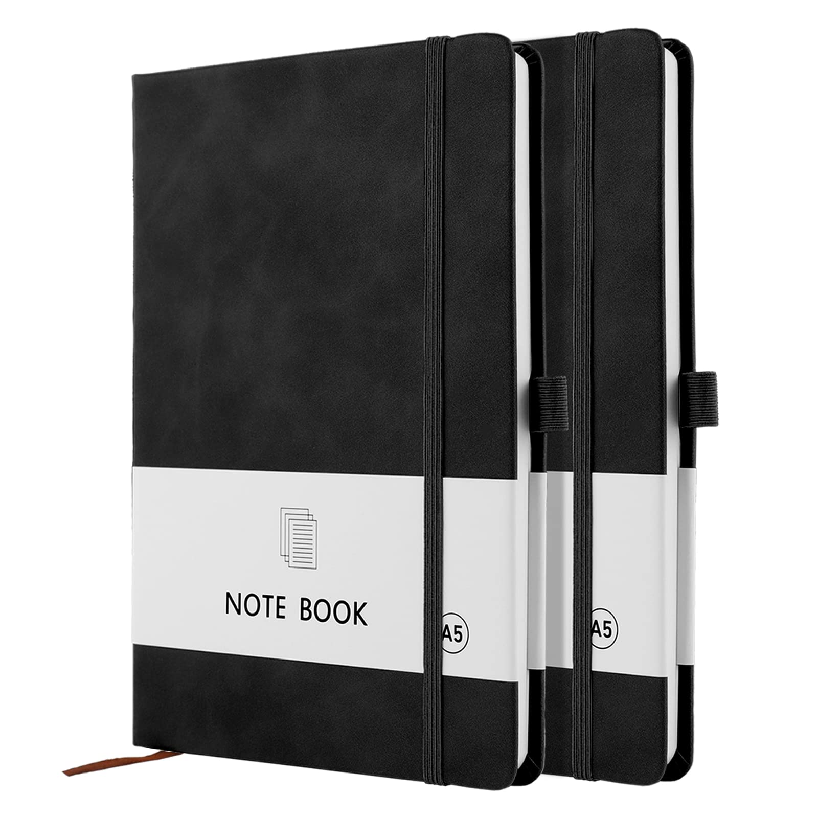 A5 Notebook, 2 Pack Notebook A5 200 Pages 100 GSM Journal Notebook Hardback Notepad with Bookmark, Pen Loop, and Elastic Closure (Black+Black)