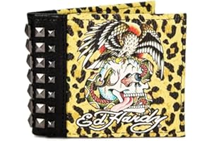 ED HARDY Leopard Skull Print Logo Metal Stud Bifold Wallet