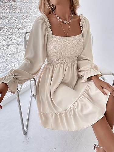 SheIn Women's Shirred Ruffle Long Flounce Sleeve Mini A Line Dress Square Neck High Waist Short Dresses Beige Small in Kenya | Whizz Dresses SheIn Women's Shirred Ruffle Long Flounce Sleeve Mini A Line Dress Square Neck High Waist Short Dresses Beige Small in Kenya | Whizz Dresses