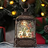 Christmas Snow Globe with Santa & Flying Reindeer Sleigh Christmas Village Church House, 6H Timer USB Plug or Battery Operated Music Glitter Snow Globe Indoor Decorations