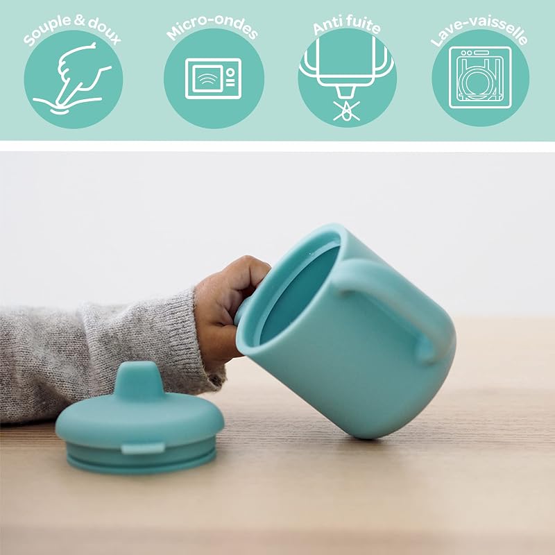 Tasse d'Apprentissage Bébé, Fonction Biberon/Tasse, 100% Silicone de Haute Qualité, Larges poignées, Facilite la prise en main, Ergonomique, Bec Souple, Blue
