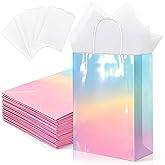 MIMIND 24 Pack Iridescent Paper Gift Bags with Handles Holographic Party Favor Bags with Tissue Paper 8.7 x 6.3 x 3.1 Inch Glitter Gradient Pink and Blue Goodie Candy Bag for Wedding Birthday Parties