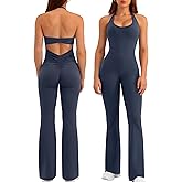 Relety Womens Flare Jumpsuits One Piece Halter Neck Twist Back Sleeveless Butt Scrunch Workout Romper Yoga Bodycon Unitard