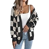 TYHOTULY Women's Chunky Cardigan Sweater 2026 Fall Winter Open Front Color Block Checkered Long Sleeve Knit Coat Y2k Clothes