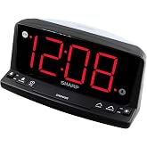Sharp Digital Alarm Clock, 1.8" Red LED, Night Light, Loud Alarm, Black | Front keyboard controls, 9-minute snooze, AC powered, 9V settings backup, across-room viewing, bedroom, nursery, bathroom