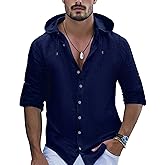 OYOZONE Mens Linen Shirts Casual Button Down Shirts Long Sleeve Roll-Up Sleeve Summer Beach Shirts Tops with Hood