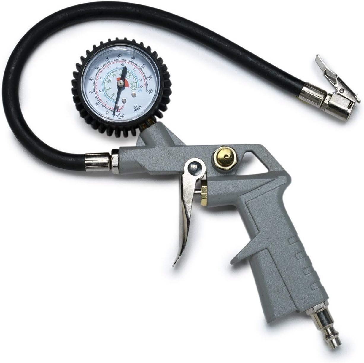 Dial Tire Inflator Gauge Flexible Hose 220 PSI Pistol Style Air