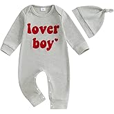 Lesimsam Newborn Infant Baby Boy Valentines Outfit Letter Embroidery Long Sleeve Waffle Knit Romper Jumpsuit with Hat