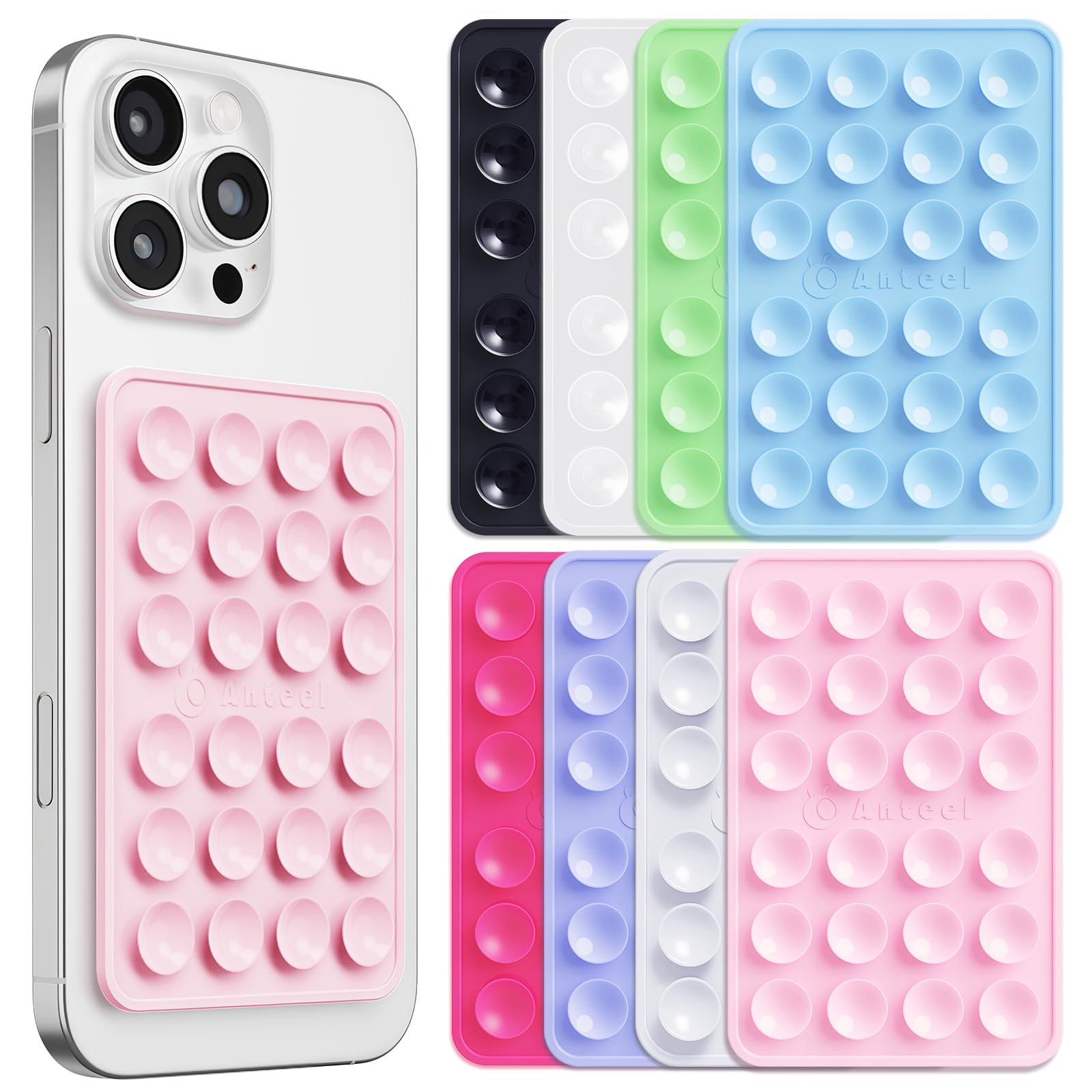 Anteel 8 Pack Silicone Suction Phone Case Adhesive Mount, Enhanced Suction Power and Upgraded Thickened Sticky Phone Grip, Durable, Hands-Free Sticky Phone Holder, 2.56"x3.94"
