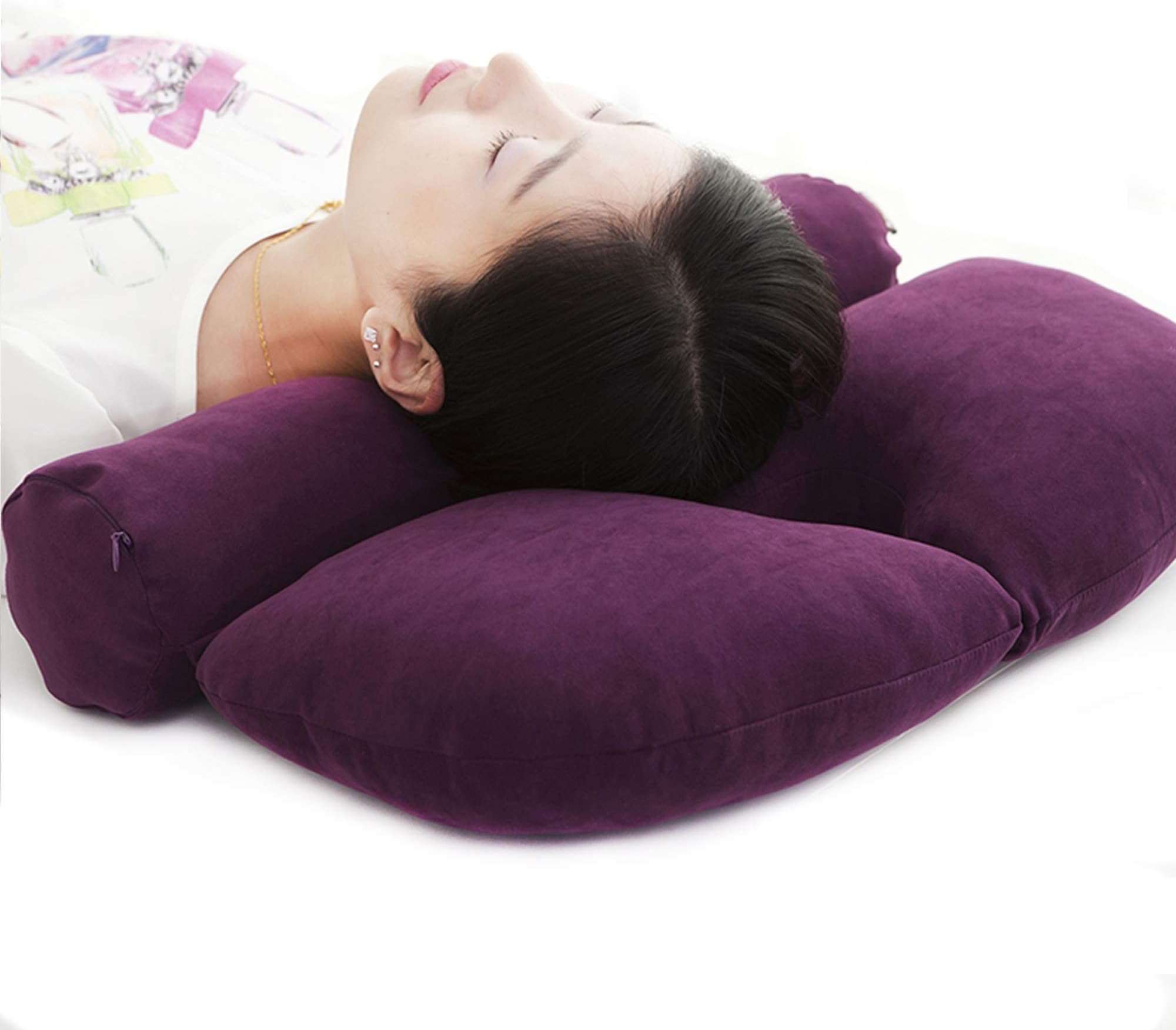 ALIBO Organic Buckwheat Hulls Cylinder Cervical Round Roll Neck Rest Bed Sleeping Pillow for Side, Back Stomach Sleeper Pain Relief Bolster Love Heart Shaped Headrest with Breathable Hole Purple