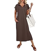 ANRABESS Womens Summer Casual Midi Dresses Short Sleeve Polo V Neck Loose Split Wrinkle-Free Beach Vacation Tshirt Maxi Dress