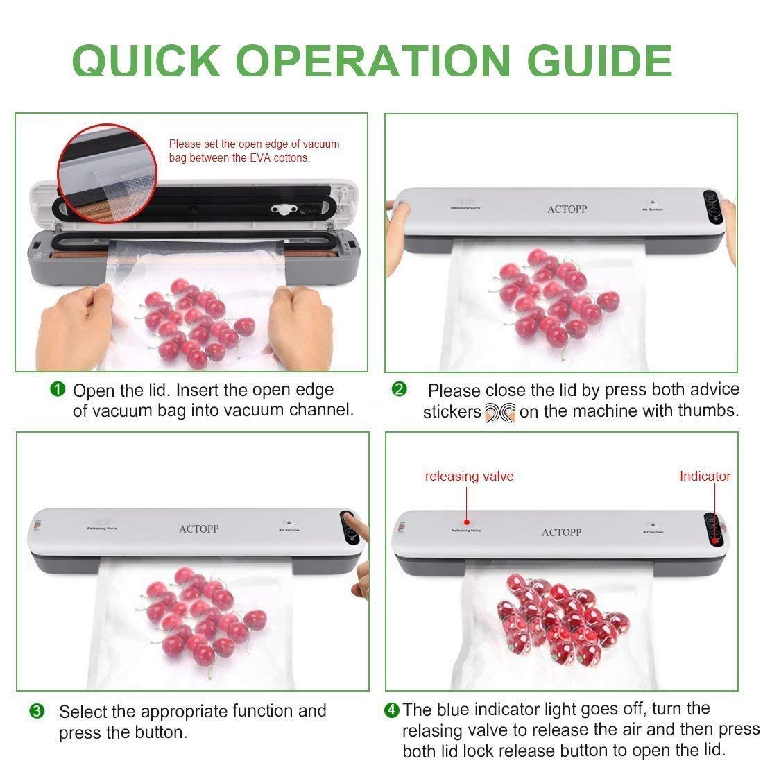 ACTOPP Machine sous Vide Alimentaire Appareil Mise sous Vide Alimentaire Professionel Emballeuse sous Vide Portable pour Conserver les Aliments Viandes, Poisson, Légumes, et Fruits, Food Saver avec 5 Packs Sac d\'Emballage