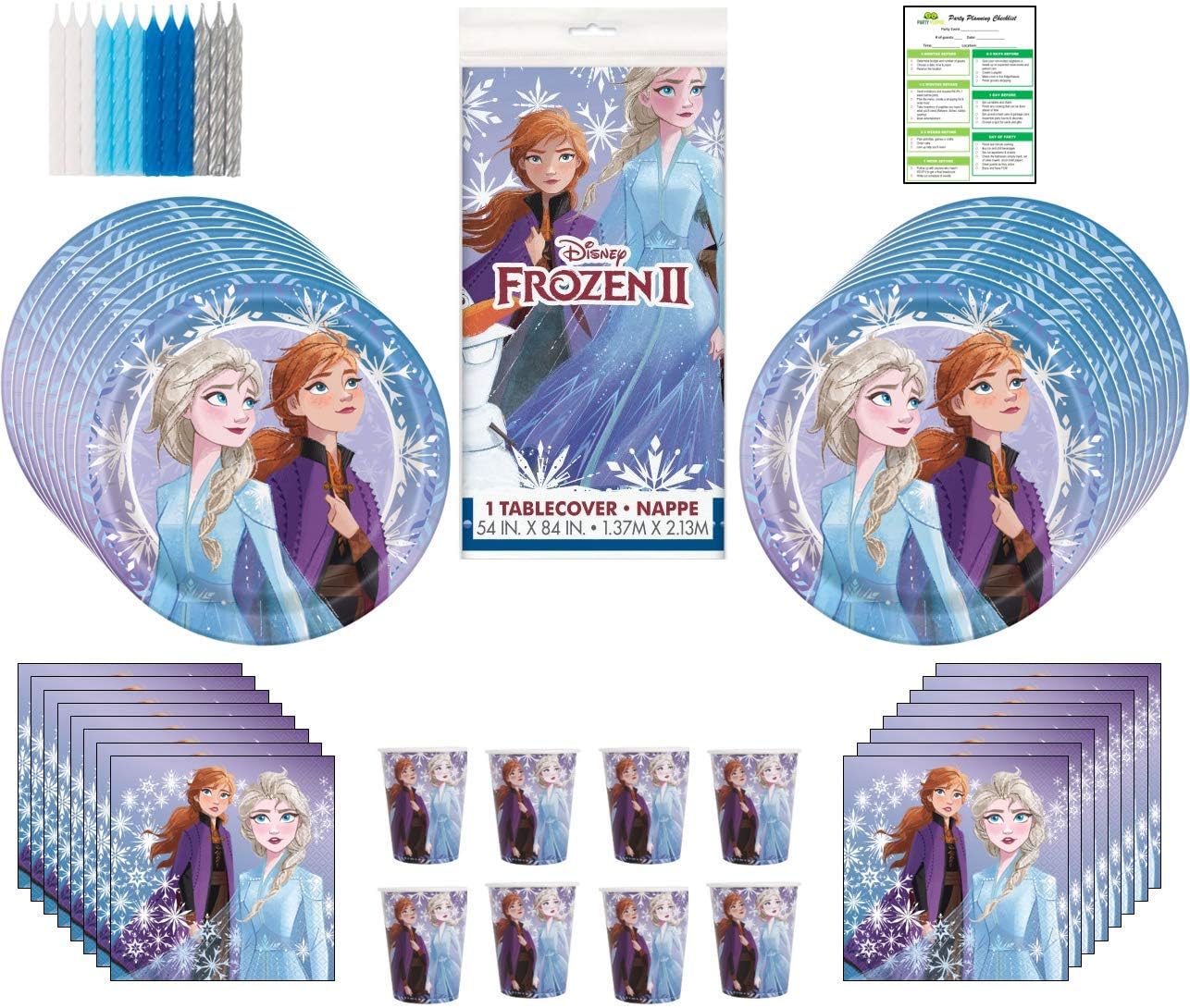Frozen 2 Inspired Birthday Supplies Pack: Lunch Plates, Cups, Napkins, Table Cover, Candles - Set for 16 Guests