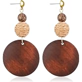 Amaxiu 1Pair Vintage Brown Wooden Earrings for Women | Retro African Bohemian Round Circle Dangle Drop Earrings Lightweight Geometric Jewelry