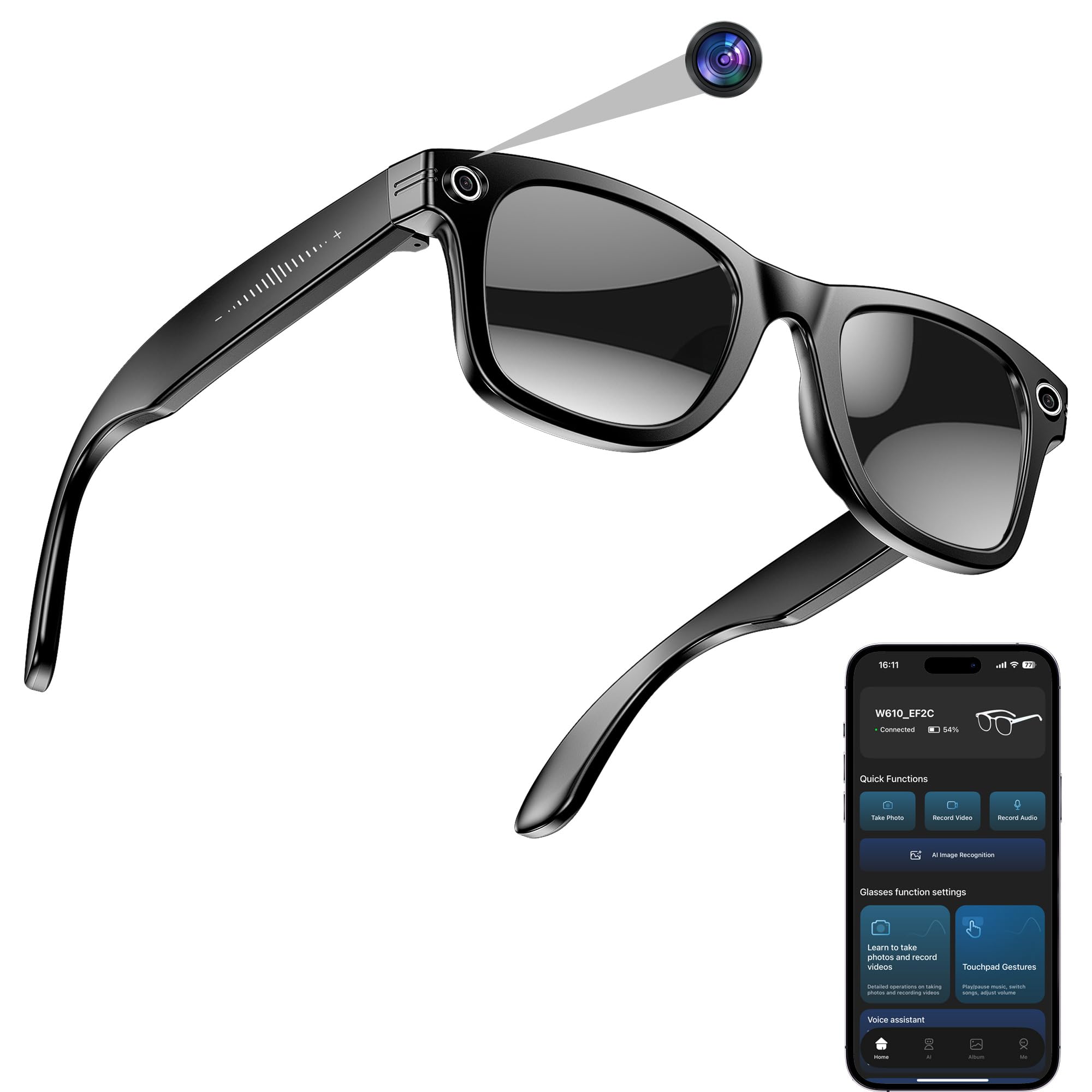 Photo 1 of hellibito AI Smart Camera Glasses for Men Women, 4K Photography,1080P HD Video Recording,Real-Time Translation, Open-Ear Audio,Voice Assistant, Lightweight (Black Frame-Black Lens)