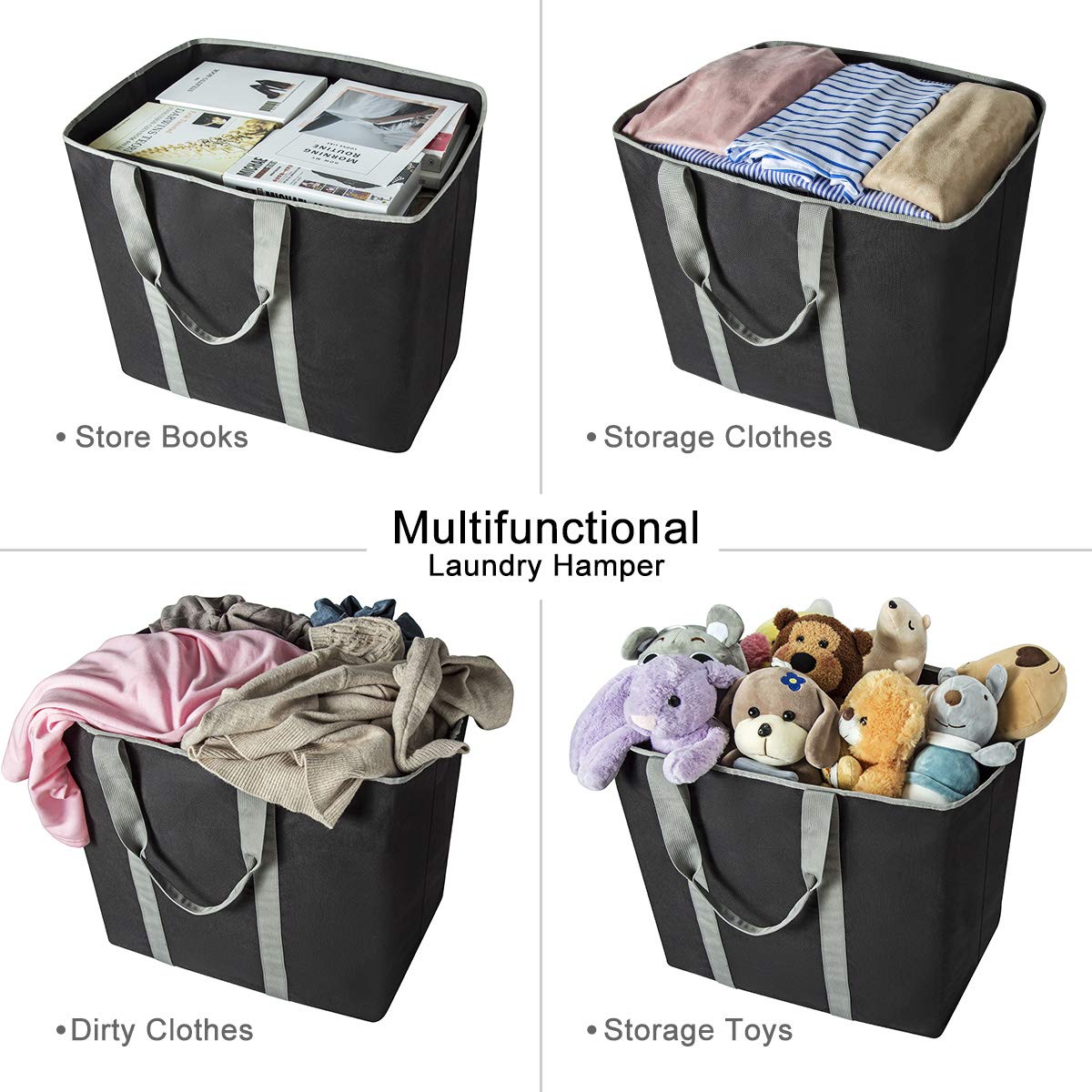 WISHPOOL Extra Large Laundry Basket Shopping Tote Bag Collapsible Laundry Hamper Handles Foldable Laundry Bags Standing Dirty Clothes Storage Organizer (Black)