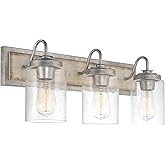 Kira Home Greyson 22" 3-Light Farmhouse Vanity/Bathroom Light + Cylinder Seeded Glass Shades, White Ash Wood Finish + Galvani