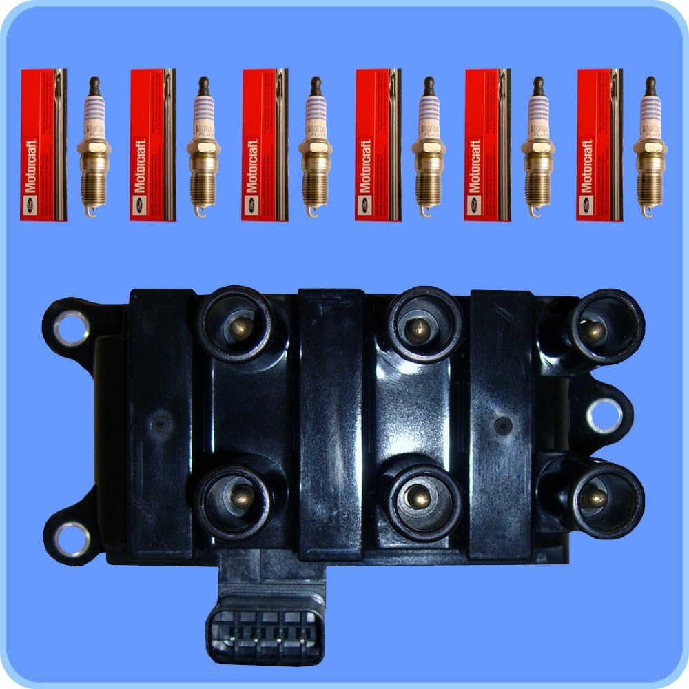Set of (6) OEM Finewire Platinum Spark Plugs + (1) Heavy Duty Ignition Coil For Ford Freestar Mustang Windstar