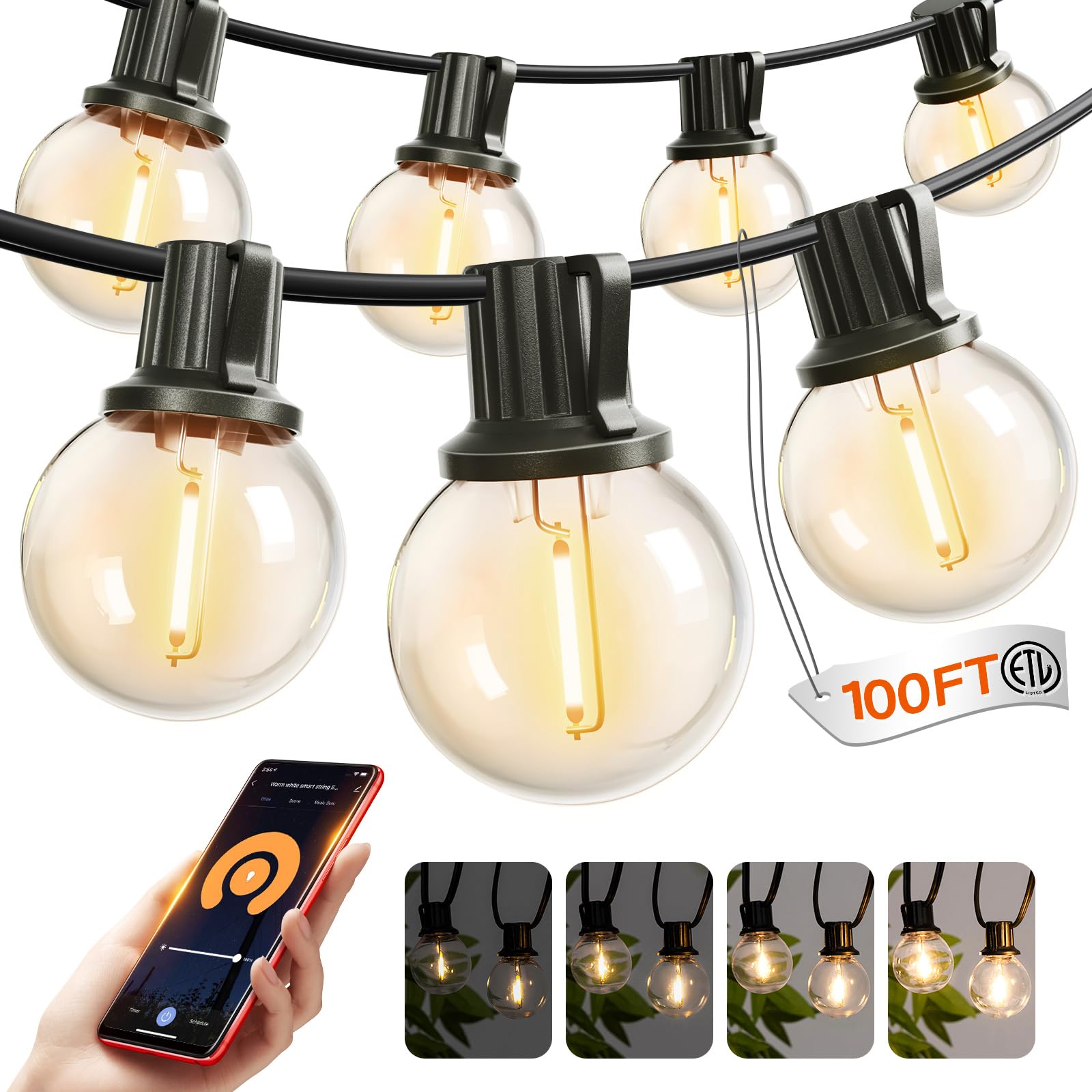 addlon Outdoor String Lights 100FT G40 with APP Control, 54 LED Shatterproof Bulbs, Dimmable Patio Globe Lights Waterproof, Hanging Outside Lighting for Backyard, Garden, Deck, Balcony, Café Image