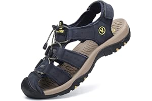 FLARUT Men's Sport Sandals Outdoor Hiking Sandals Closed Toe Leather Athletic Lightweight Trail Walking Casual Sandals Water Shoes