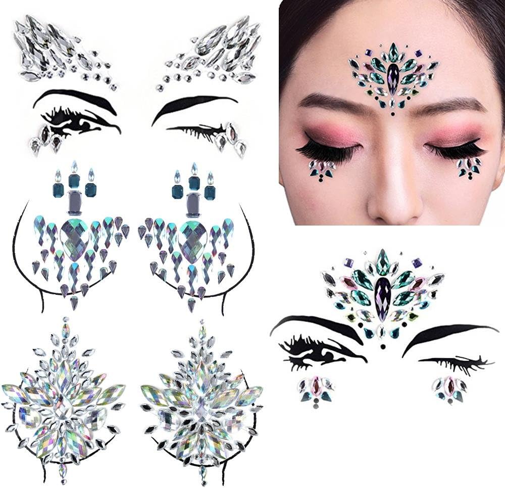 AiQueen 4 Sheets Mermaid Face Gems Rhinestone Body Jewelry Sticker Breast Jewels Tattoo Crystal Chest Nipple Sticker Gem Stones Bindi Temporary Stickers