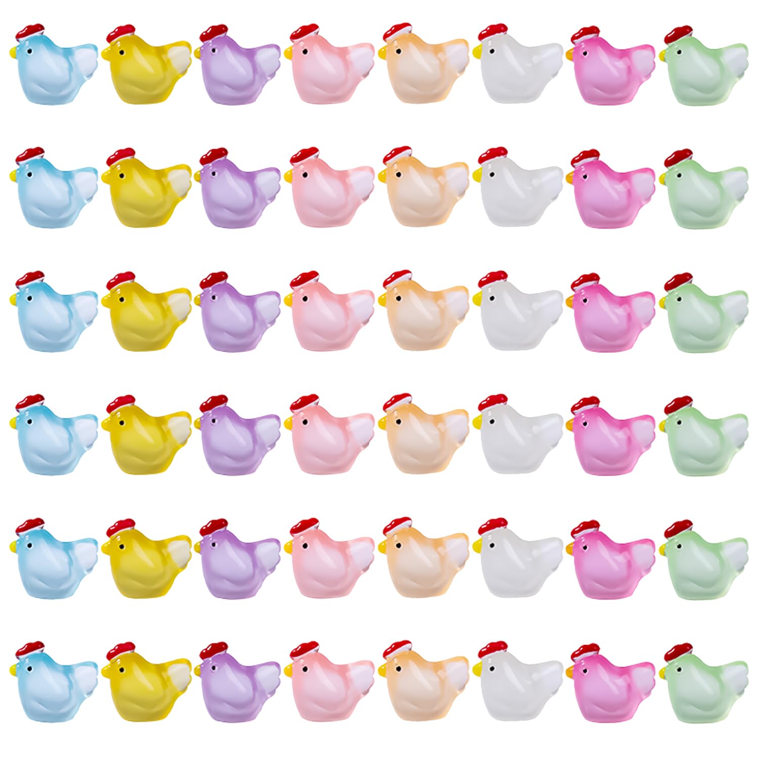 JUFYVO 48pcs Luminous Mini Resin Chicken Animal Tiny Plastic Chicken Glow in The Dark Colorful Miniature Figurines for Home Party Decoration