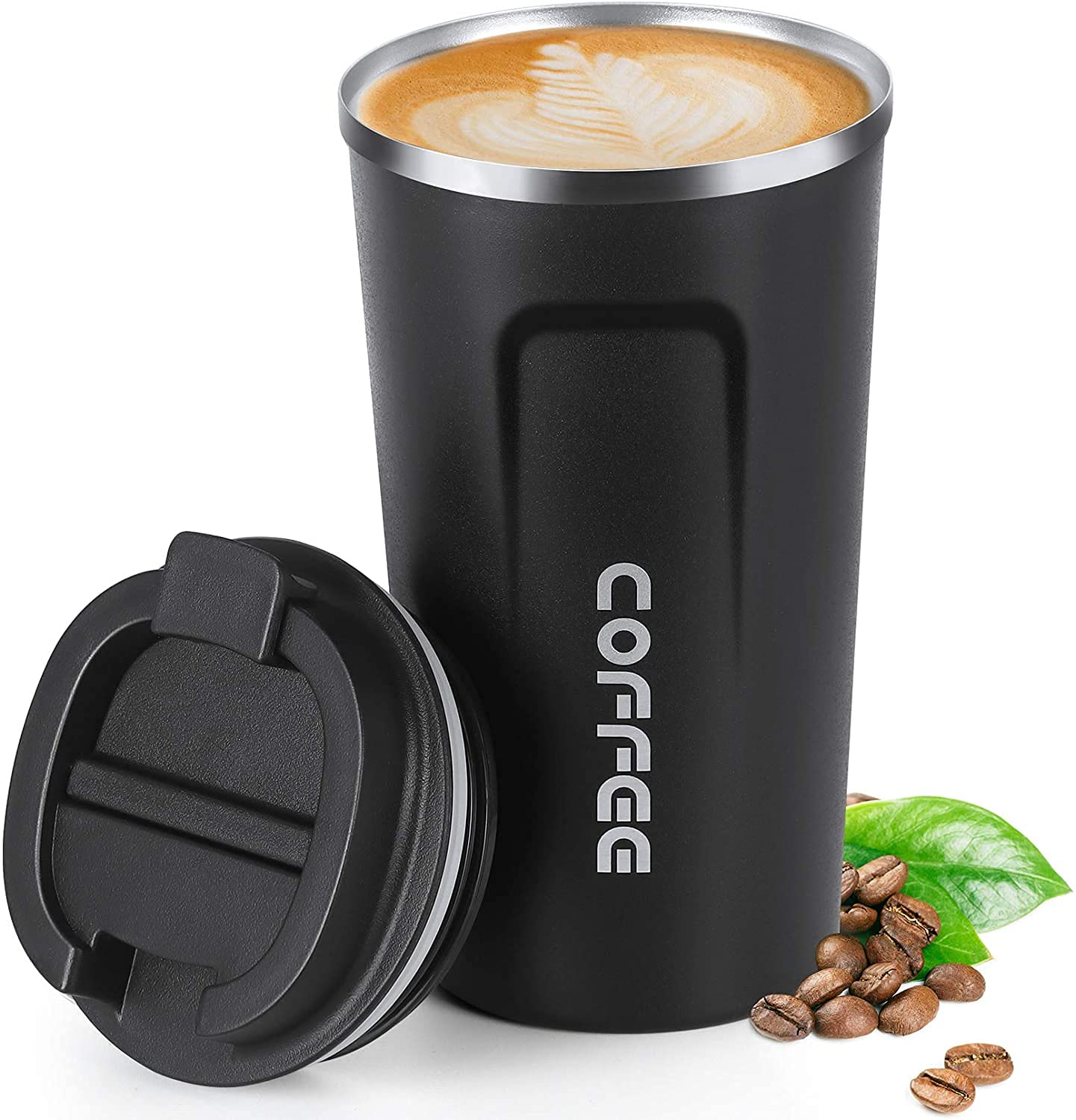 Insulated Coffee Cup, Senelux Double Walled Insulated Stainless Steel Vacuum Coffee Travel Mug with Leak Proof Flip-Lid - Keep Coffee Tea Hot and Soft Drinks Cold - 18oz (510ml) Black