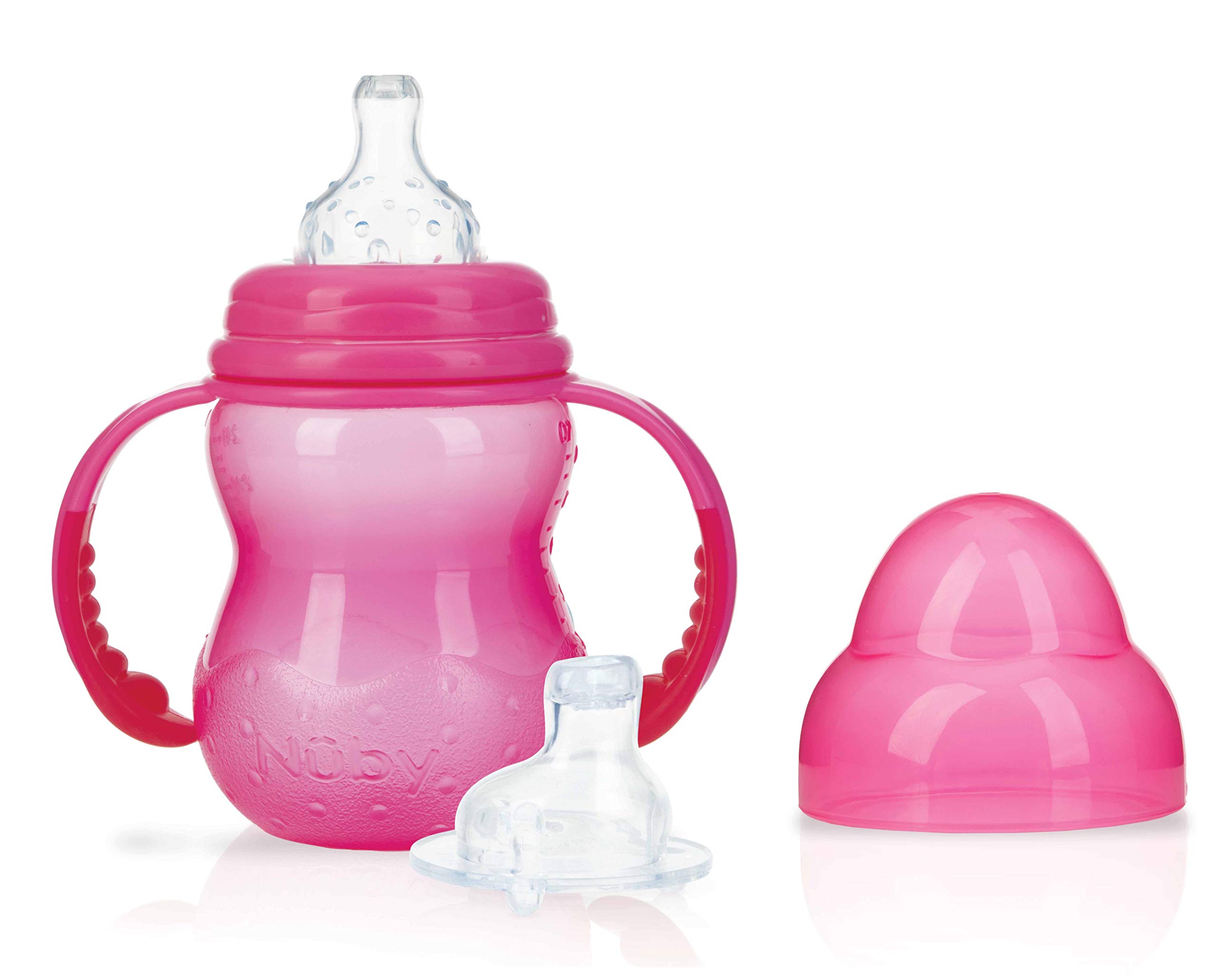 Nuby ID1107PINK Nûby - Learn-to-Drink Cup with 2 Attachments - Non Drip Teat and No-Spill Drinking Spout - 240 ml - 0 Months + Pink