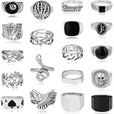 Acruccen Vintage Silver Punk Rings Set for Men Cool Gothic Chunky Rings Statement Signet Snake Wing Ring Set