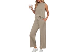 QIXING Two Piece Sets for Women Summer Mock Neck Sleeveless Top Wide Leg Pants Lounge Sets Vacation Travel Outfits