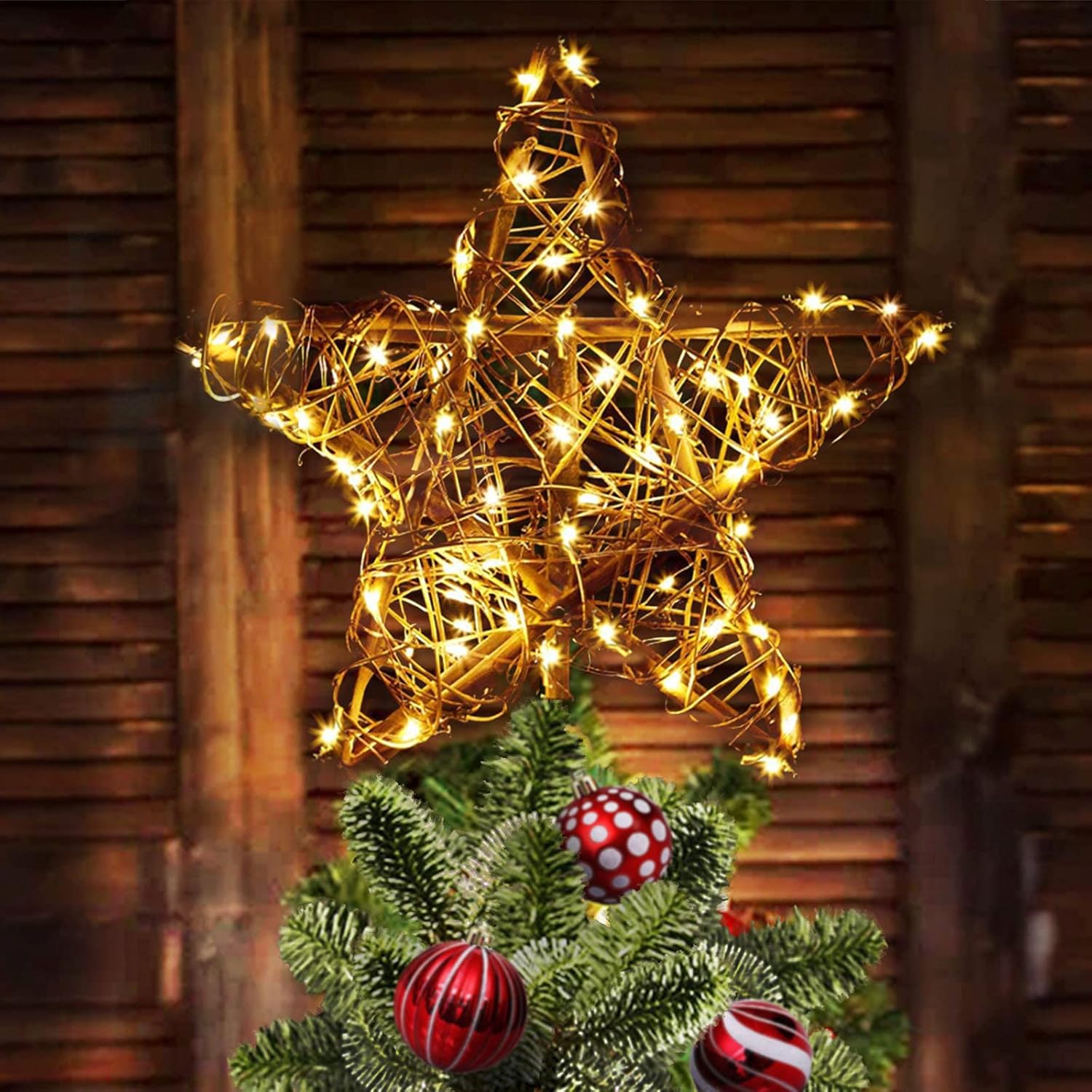 Tree Toppers - Star Christmas Tree Topper, Rattan Natural Christmas Tree Topper Lighted with 23Ft 30LED Warm White Battery Powered Copper Lights, Rustic Farmhouse Xmas Tree Topper Star Christmas Decorations