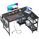 ODK 40 Inch Small L Shaped Gaming Computer Desk with Power Outlets, Reversible Storage Shelves & PC Stand for Home Office, Simple Writing Study Table with Storage Bag for Small Space, Black