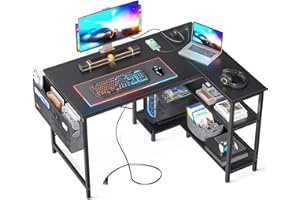 ODK 40 Inch Small L Shaped Gaming Computer Desk with Power Outlets, Reversible Storage Shelves & PC Stand for Home Office, Si