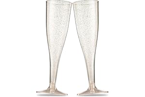 MUNFIX 100 Plastic Champagne Flutes - Disposable Gold Glitter Plastic Glasses for Parties, Mimosa Bar, Events, Wedding and Shower Party Supplies - Toasting Cocktail Cups