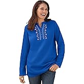 Woman Within Plus Size Embroidered Thermal Henley Tee