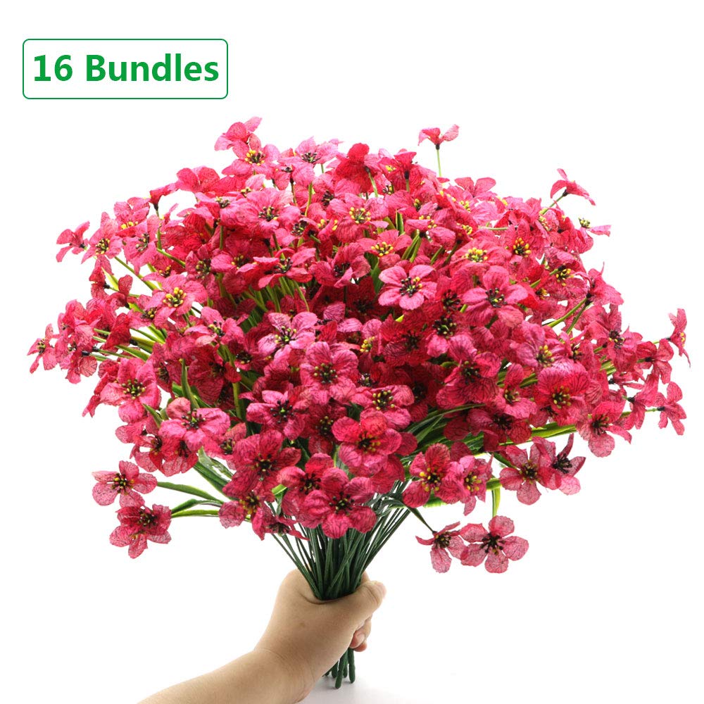 16 Bundles Artificial Violet Flowers Outdoor UV Resistant Fake Flowers No Fade Faux Plastic Plant Shrubs Greenery for Indoor Outside Hanging Planter Vase Garden Porch Window Box Patio Home Decor