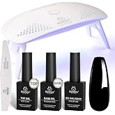 Beetles Black Gel Nail Polish Kit with U V Light, 5 Pcs Gel Polish Kit | Base &amp; Top Coat and Nail File for Beginners Soak Off Black DIY Art Set Manicure Gifts for Women