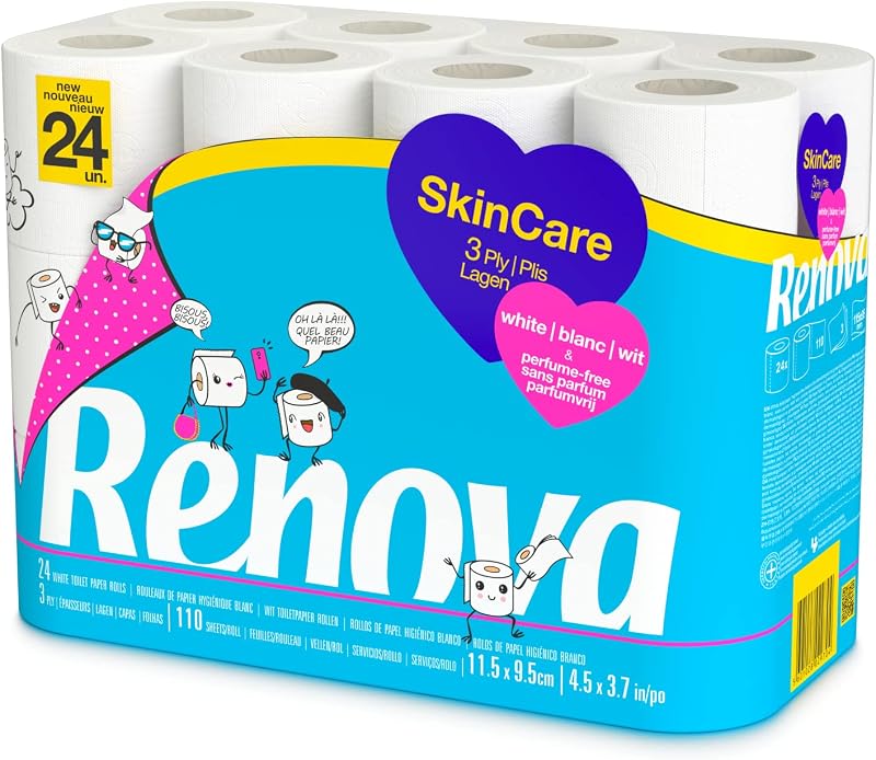 SkinCare - Papel higiénico (3 capas, 24 rollos), color blanco