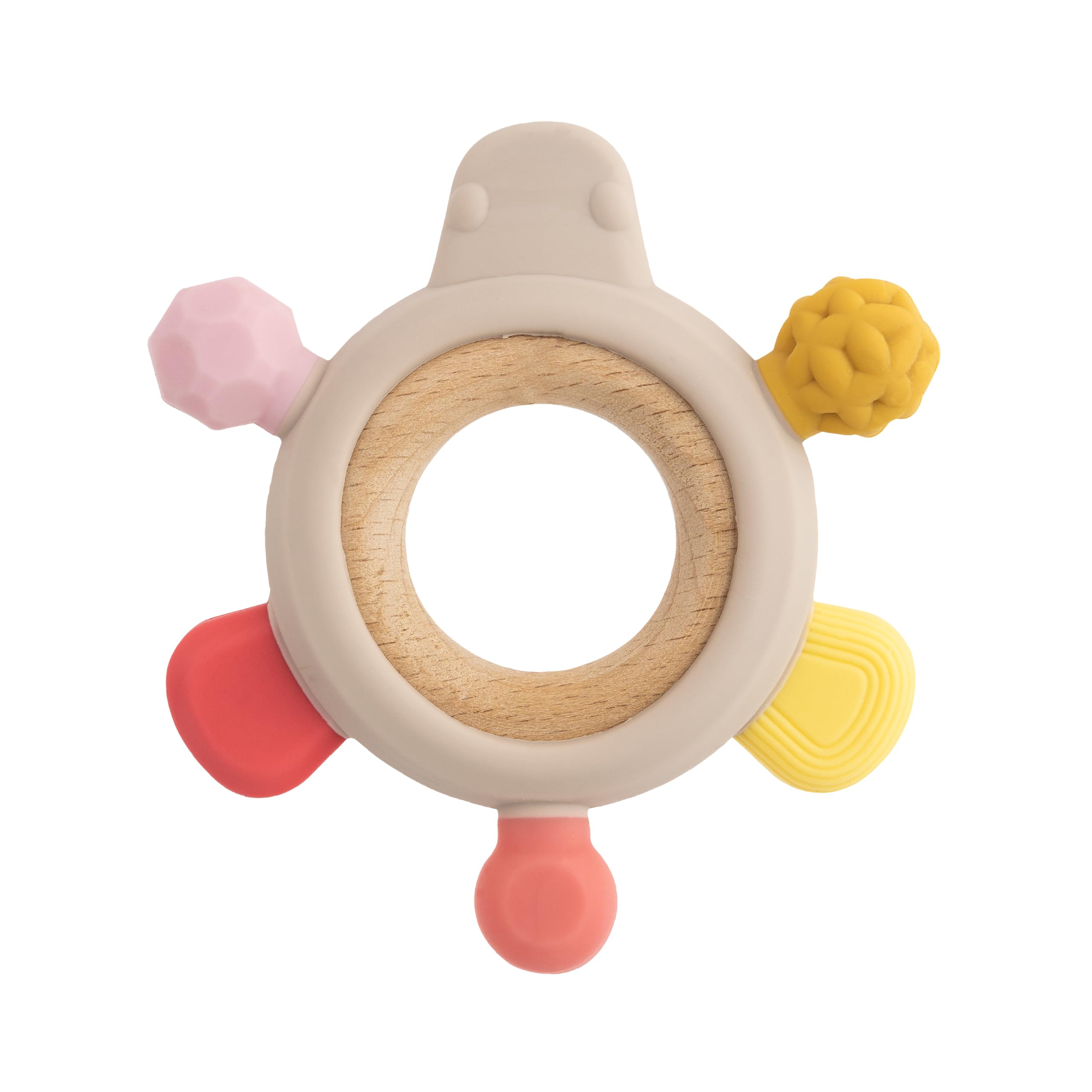 babynova Wood and Silicone Teether- from 3+ Months - Teething Rings Baby Toy - Tooth and Gum Pain Relief - Play & Learn - Early Motor Skills Development - BPA-Free - Yellow Pink