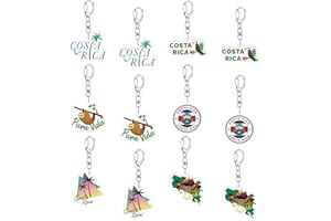 12Pcs Costa Rica Keychains Pure Life Acrylic Keychain Bulk Costa Rica Souvenirs for Kid Adult Tropical Sloth Toucan Flag Desi