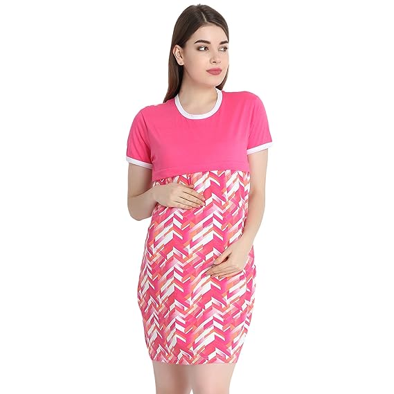 Women's Cotton Pink & White Feeding Long top/Nursing/Maternity/Night Dress with Half Sleeve Breastfeeding Night Gown Baby Feeding Short Nighty