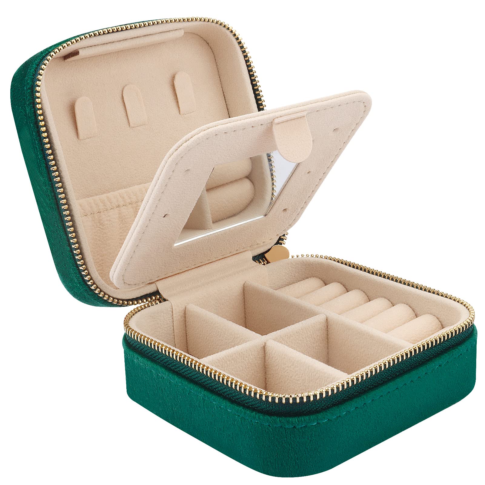 Mini Velvet Travel Jewelry Case with Mirror, Travel Jewellery Box Organiser, Small Jewelry Organiser Storage for Rings Earrings Necklace Bracelets, Dark Green