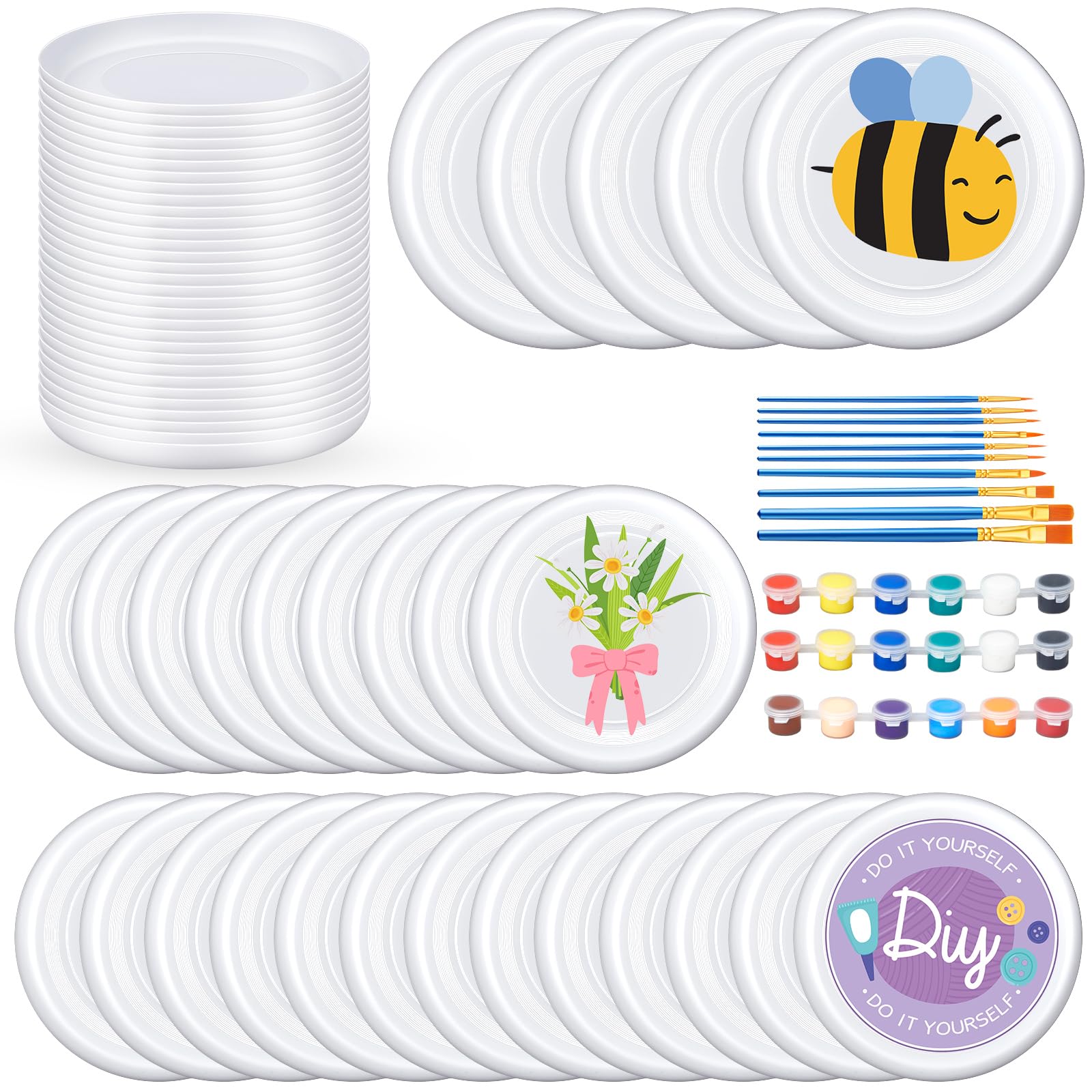 Photo 1 of Tenceur 36 Pcs DIY Plastic Flying Disks Bulk 7 Inch Color Your Own White Flying Disc with 10 Paintbrushes and 3 Paints for Party Favors and Crafts Fun Home Activities Games