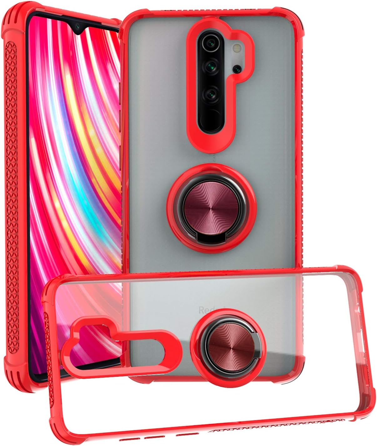QSEEL for Xiaomi Redmi Note 8 Pro Clear Ring Armor Case, Shockproof Rugged Back Cover Combined with Tough TPU Rim, Crystal Back Panel and Built-in Ring Holder (Redmi Note 8 Pro, Red)