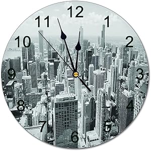 Wall Clock Chicago City Skyline Landscape 12 Inch Wooden Wall Clock,Battery Operated,Farmhouse Wall Decor Home Decor for Kitchen,Living Room,Bedroom,Office