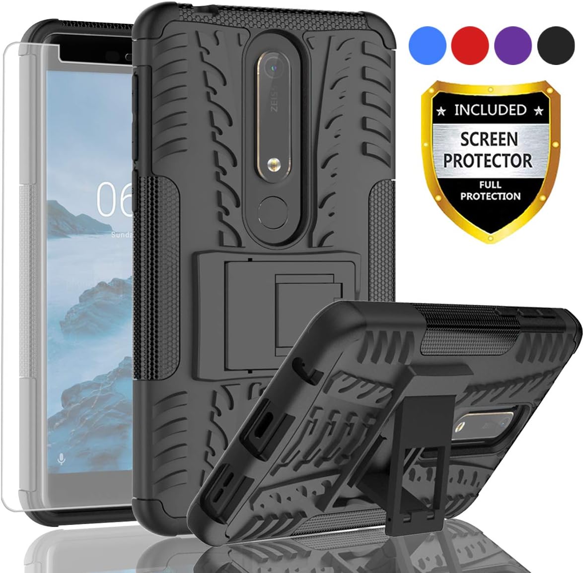AYMECL Nokia 6 2018 Phone Case,Nokia 6.1 Case,Tire Pattern Design Heavy Duty Dual Layer Shock Resistant Armor Kickstand Cover with HD Screen Protector for Nokia 6 2018-HN Black