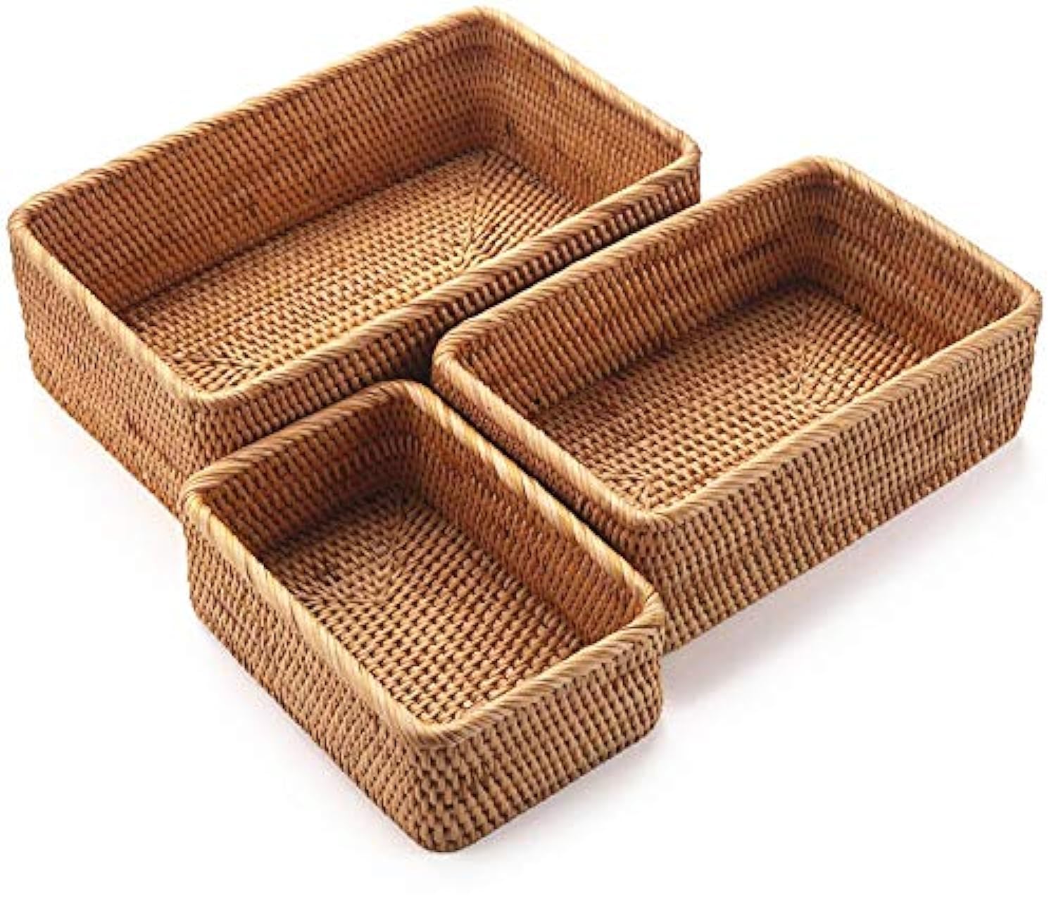 Wicker Storage Basket, Rectangular Rattan Fruit Baskets, Natural Woven Serving Basket and Organizer for Shelf (Set of 3)