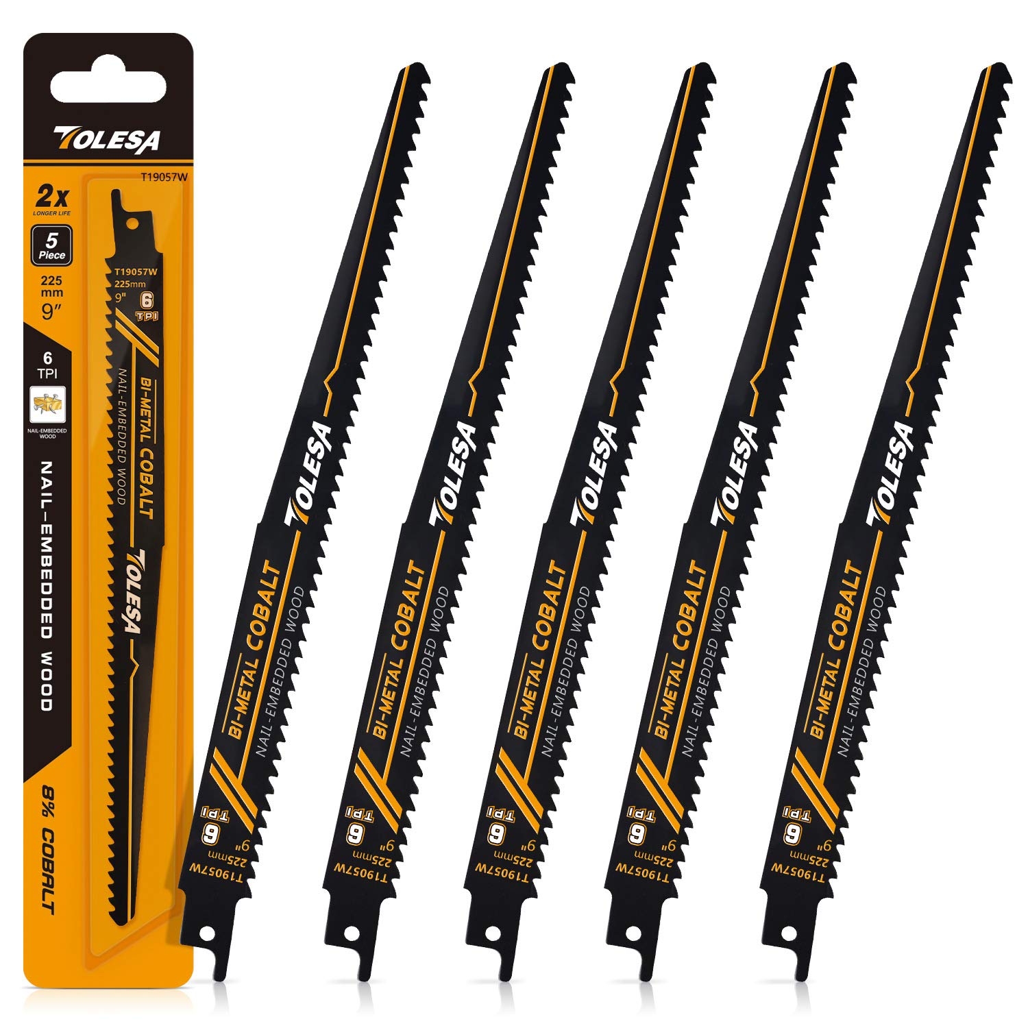 TOLESA Reciprocating Saw Blades for Wood Nail Embedded Window Door Demolition and Construction Wood Cutting 225mm 6TPI Sawzall Blades Bi-Metal Teeth with Cobalt Sharp Cutting 5 Pack