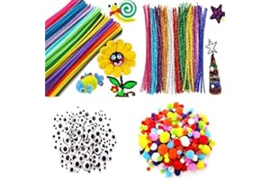 Feeke-tppyony 600 Pcs Pipe Cleaners Craft Set Including 200Pcs Chenille Stems, 150Pcs Self-Sticking Wiggle Googly Eyes and 250Pcs Pompoms for Craft DIY Art Supplies